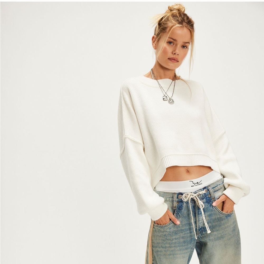 NWT Free People Easy Street Crop Pullover Sweater White, Size Large